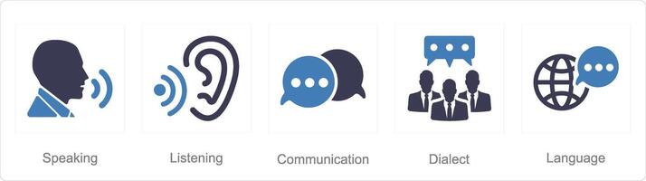 un' impostato di 5 linguaggio icone come A proposito di, ascoltando, comunicazione vettore