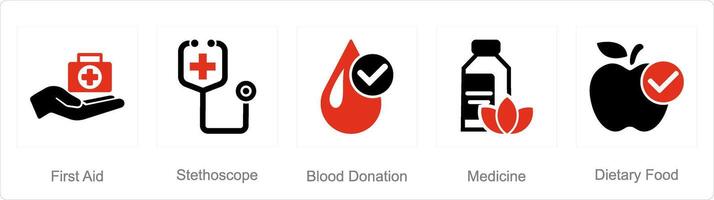un' impostato di 5 mescolare icone come primo aiuto, stetoscopio, sangue donazione vettore