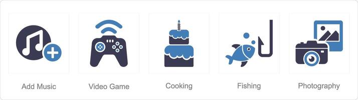 un' impostato di 5 passatempo icone come Inserisci musica, video gioco, cucinando vettore