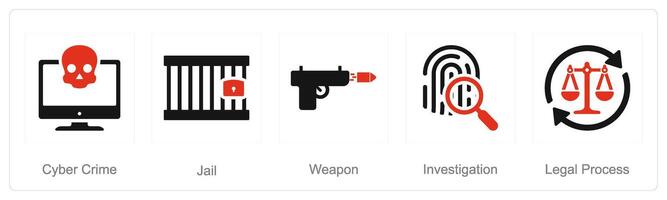 un' impostato di 5 giustizia icone come informatica crimine, prigione, arma vettore
