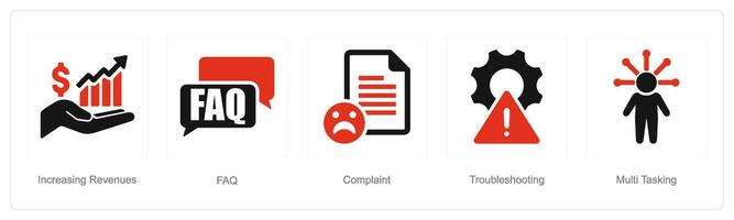 un' impostato di 5 cliente servizio icone come crescente reddito, FAQ, denuncia vettore