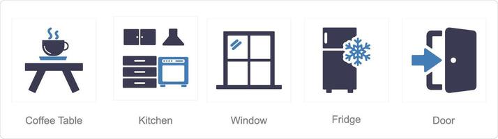 un' impostato di 5 casa interno icone come caffè tavolo, cucina, finestra vettore