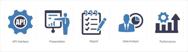un' impostato di 5 dati analisi icone come api interfaccia, presentazione, rapporto vettore