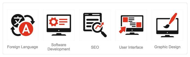 un' impostato di 5 difficile abilità icone come straniero linguaggio, Software sviluppo, SEO vettore
