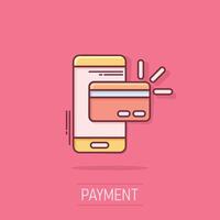 smartphone pagare icona nel comico stile. nfc credito carta cartone animato vettore illustrazione su isolato sfondo. bancario spruzzo effetto attività commerciale concetto.