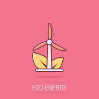 eco energia icona nel comico stile. foglia vento energia pianta cartone animato vettore illustrazione su isolato sfondo. elettricista spruzzo effetto cartello attività commerciale concetto.