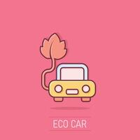 eco auto icona nel comico stile. foglia e auto cartone animato vettore illustrazione su isolato sfondo. bio ricarica spruzzo effetto cartello attività commerciale concetto.