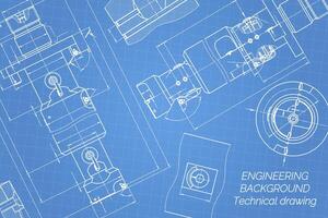 meccanico ingegneria disegni su blu sfondo. rubinetto Strumenti, noioso. tecnico design. coperchio. planimetria. vettore illustrazione.