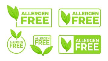 verde etichette con allergene gratuito e un' foglia icona, garantendo il sicurezza di prodotti per consumatori con allergie. vettore