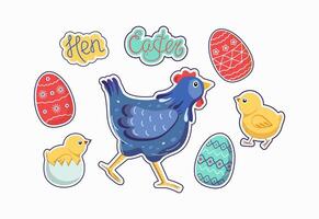 gallina, pulcini, Pasqua uova. iscrizione. adesivi cartone animato animali, pollame. vettore piatto illustrazione. Pasqua. sfondo isolato.