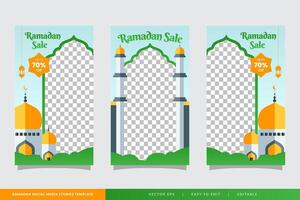 Ramadan vendita sociale media storie bandiera sconto modello design con moschea illustrazione vettore