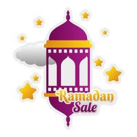 islamico Ramadan vendita etichetta distintivo bandiera modello design nel il nube cielo sfondo vettore