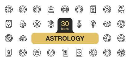 impostato di 30 astrologia icona elemento imposta. include carta, prenotare, zodiaco, rituale, e di più. schema icone vettore collezione.
