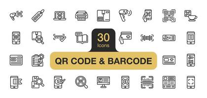 impostato di 30 qr codice e codice a barre icona elemento impostare. include smartphone, Prodotto, ricevuta, menù, carta, scanner, e di più. schema icone vettore collezione.