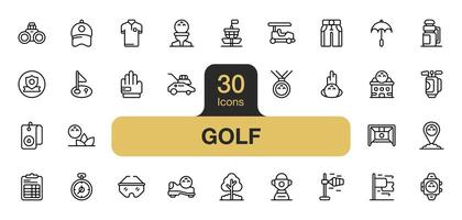 impostato di 30 golf sport icona elemento imposta. include punto, golf buco, Abiti, allenatore, ombrello, medaglia, guanto, e di più. schema icone vettore collezione.