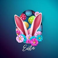contento Pasqua vacanza design con fiore, colorato dipinto uovo e coniglio orecchie su blu sfondo. vettore illustrazione di internazionale religioso celebrazione con tipografia per saluto carta o bandiera