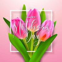 contento La madre di giorno saluto carta design con primavera tulipano fiore e tipografia lettera su leggero rosa sfondo. vettore celebrazione illustrazione modello per striscione, volantino, invito, opuscolo
