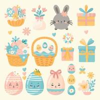 carino Pasqua coniglietto con regalo scatole e fiori vettore