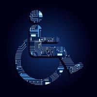 simbolo dell'utente su sedia a rotelle con un circuito elettronico tecnologico. sfondo blu. vettore