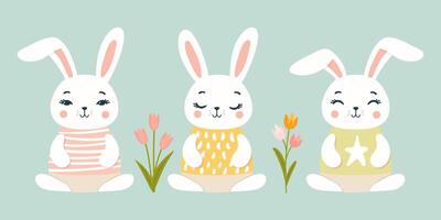 carino coniglietto Pasqua. carino coniglio viso con diverso emozioni. simbolo di grande Pasqua. tulipani vettore