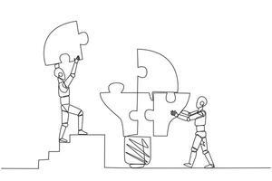 continuo uno linea disegno Due robot mettere insieme quattro a forma di lampadina puzzle pezzi. lavoro di squadra porta idee insieme. futuro Tech sviluppo concetto. singolo linea disegnare design vettore illustrazione