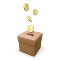 Marrone donazione scatola con caduta oro monete. 3d realistico beneficenza e donazione concetto. vettore illustrazione