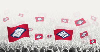astratto folla con bandiera di Arkansas. popoli protesta, rivoluzione, sciopero e dimostrazione con bandiera di Arkansas. vettore