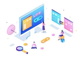 seo link building come ottimizzazione dei motori di ricerca, marketing e digitale per lo sviluppo della home page o illustrazione vettoriale di applicazioni mobili