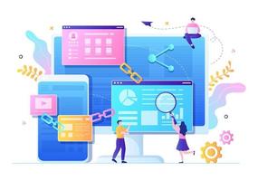 seo link building come ottimizzazione dei motori di ricerca, marketing e digitale per lo sviluppo della home page o illustrazione vettoriale di applicazioni mobili