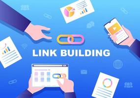seo link building come ottimizzazione dei motori di ricerca, marketing e digitale per lo sviluppo della home page o illustrazione vettoriale di applicazioni mobili