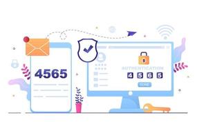 2fa autenticazione in due passaggi password avviso sicuro verifica accesso o sms con codice uno smartphone per sito Web in illustrazione vettoriale piatta