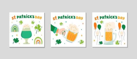 st patricks giorno semplice carte impostare. saluto inviare sfondo per sociale media. vacanze piazza invito. festivo irlandesi elementi trifogli, birra, arcobaleno, palloncini, scritta. vettore piatto illustrazione