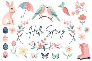 di moda primavera design. primavera collezione. mano disegnato primavera elementi fiori, uccello, coniglietto. vettore illustrazione.