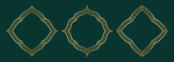 oro geometrico ornamentale telaio, il giro e piazza forme islamico finestra con girikh modello, silhouette Arabo rombo. lusso impostato nel orientale stile. montatura nel Arabo musulmano design vettore illustrazione