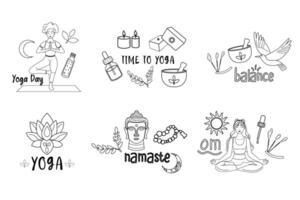 yoga schema concetto con scritta. distintivo, etichetta con lettering vettore