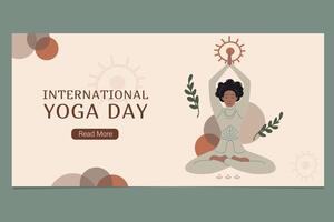 internazionale giorno di yoga striscione. africano americano donna fare yoga vettore