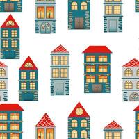 senza soluzione di continuità modello con mano disegnato città. molti carino diverso case con rosso tetto su bianca sfondo. design per tessuto, confezione carta, coperchio, striscione, manifesto. vettore