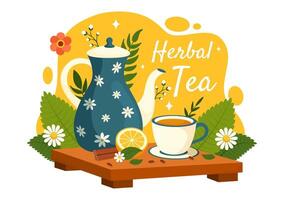 erbaceo tè vettore illustrazione con camomilla le foglie di Salute bevanda verde e miscela di fiori per aumentare resistenza nel piatto cartone animato sfondo