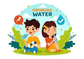 persone potabile acqua a partire dal plastica bottiglie e bicchieri con puro pulito fresco concetto nel piatto bambini cartone animato vettore illustrazione
