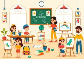 arte scuola vettore illustrazione con bambini di pittura con vivere modello o oggetto utilizzando utensili e attrezzatura nel piatto cartone animato sfondo design