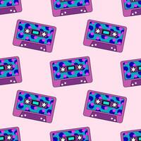 senza soluzione di continuità modello. retrò Vintage ▾ Audio musica cassetta con magnetico nastro. viola e blu, rosa colori. astratto sfondo design nel anni 90, anni 80, 70s stile. vettore piatto illustrazione.