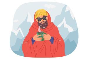 uomo viaggiatore bevande caldo caffè, in piedi tra snow-capped montagne dopo arrampicata per superiore. viaggiatore partecipando nel inverno escursione è avvolto nel caldo coperta e Tenere boccale con riscaldamento bere. vettore