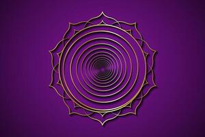 oro spirale su sacro loto telaio, lusso logo modello. buddismo esoterico motivi, spirituale yoga. d'oro fortunato mandala, vettore illustrazione isolato su viola sfondo