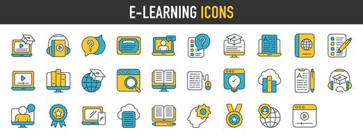 e-learning icona impostare. come come video lezioni, in linea formazione scolastica, corso, Audio corso, educativo sito web e digitale formazione scolastica icone. solido vettore icona collezione