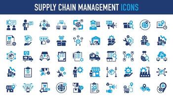 impostato di icone relazionato per fornitura catena gestione, valore catena, logistica, consegna, produzione, commercio. icona collezione. vettore illustrazione.