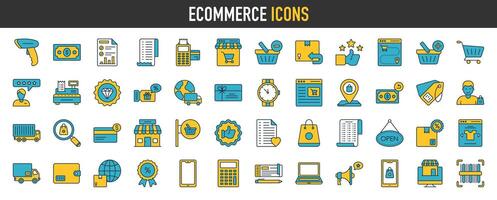 e-commerce icona impostare. come come in linea acquisti, consegna, Posizione, scanner, negozio, premio qualità, di più. e-business simbolo. solido icone vettore collezione.