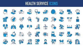 Salute servizio icona impostare. contenente come come medico, medicinale, Ospedale, trattamento, assistenza sanitaria, infermiera, pillole, clinica e di più. solido vettore icone collezione.