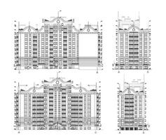 multipiano edificio facciate, dettagliato architettonico tecnico disegno, vettore planimetria