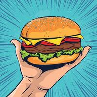 hamburger su mano. veloce cibo vettore illustrazione nel pop arte retrò comico stile.