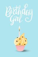 vettore compleanno carta con un' Cupcake con un' ardente candela e compleanno ragazza lettering